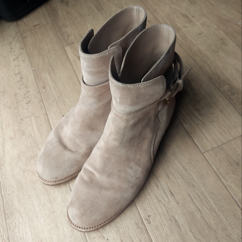 10m Tory Burch Brooke Ankle Bootie Beige Suede Moto Boots Womens‎ - Picture 2 of 13